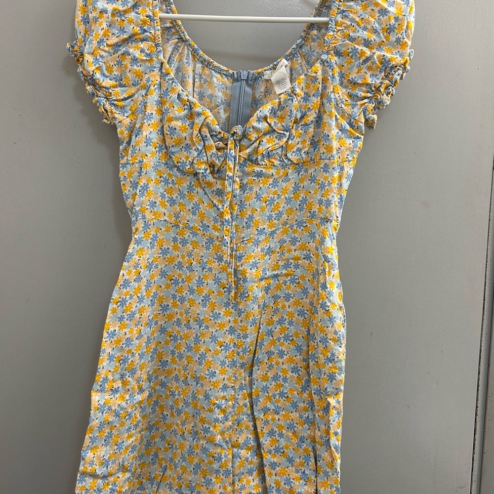 Full Tilt Blue and Yellow Sundress Romperwith Ruffled Tie Front and Puff Sleeves